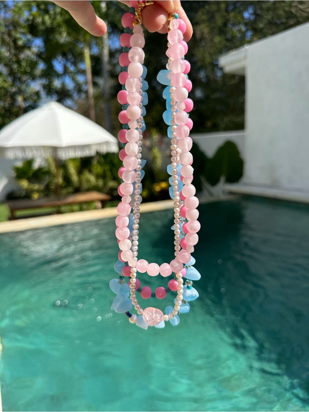 Rose 🌹 Quartz Accents and Soft Pink Beaded Necklace with Gold Clasp